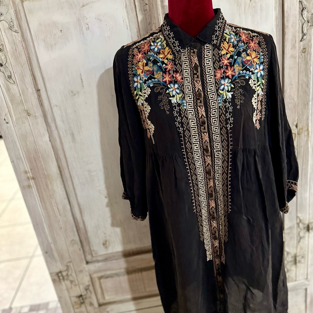 Johnny Was Dress Duster Cover up dark brown embroidered